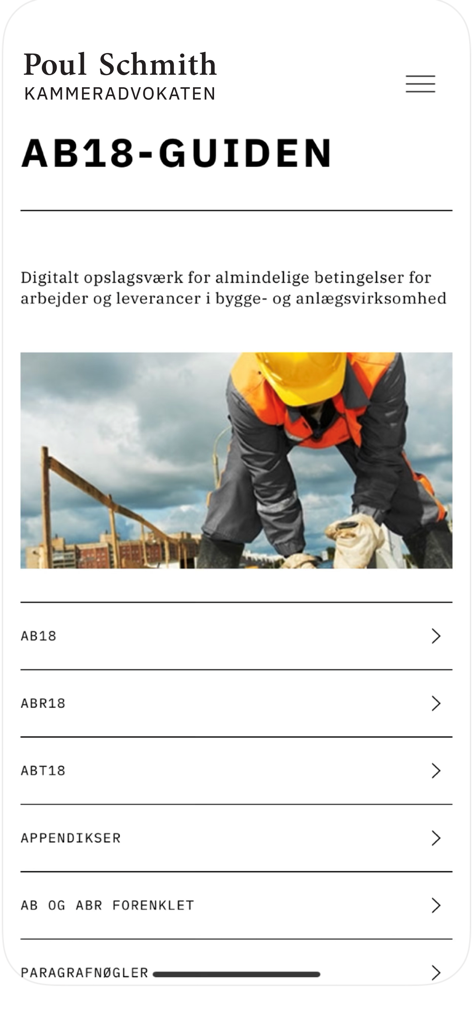 AB18-Guiden - Startbildschirm der AB18-Guide-App mit Kategorien für dänische Baurechtsvorschriften