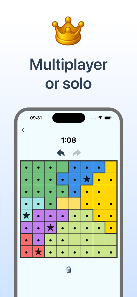Queens Battle - Queens Battle gameplay screen showing a colorful logic grid with stars and a multiplayer or solo game mode selection