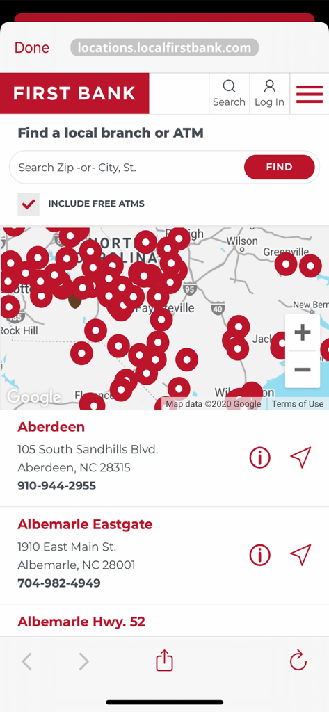 Karte mit mehreren Filialen und Geldautomaten der First Bank in North Carolina