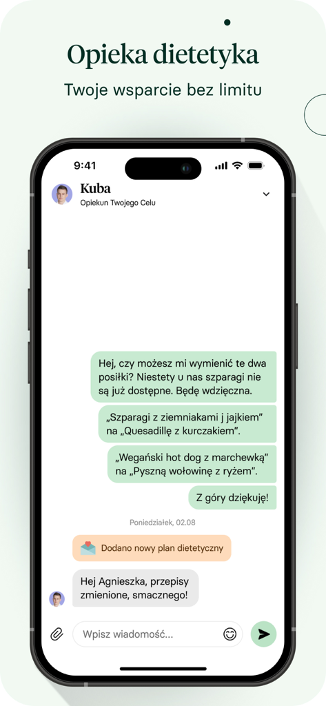A smartphone showing a chat interface between a user and a dietitian in the Respo app for personalized meal plan support.