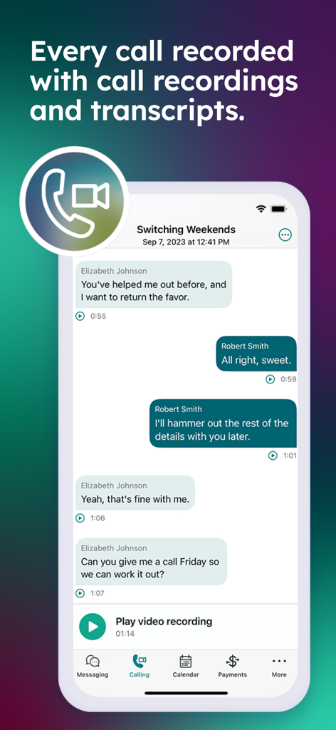 TalkingParents: Co-Parent App - TalkingParents app screen displaying recorded calls and message transcripts between parents.