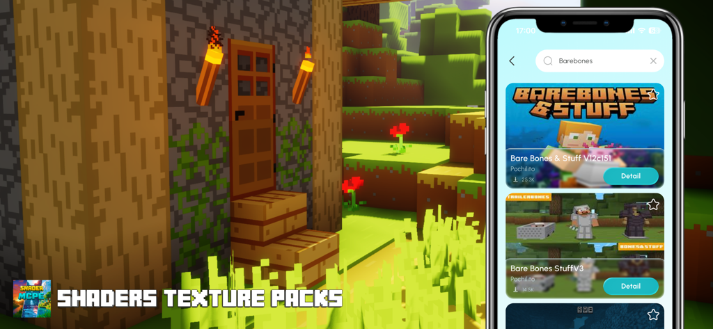 Smartphone screen displaying the Shaders Texture Packs for MCPE app interface with various texture packs for download.