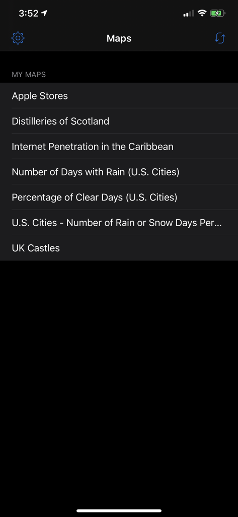 A list of saved custom maps within the BatchGeo iOS app interface