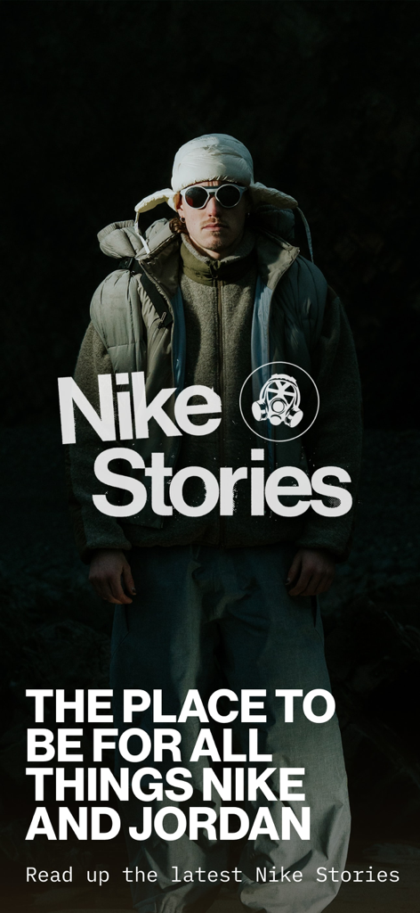 Nike Stories editorial section in the Footpatrol Launches app featuring streetwear fashion