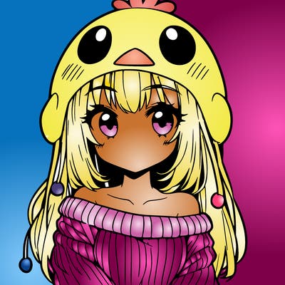 anime girl with chick shaped hat with sweater with bare shoulders with bangs covering them one eye with low tail