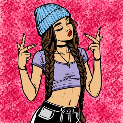 realistic teenage girl with braids and a beanie and crop top doing 🫶🏼
