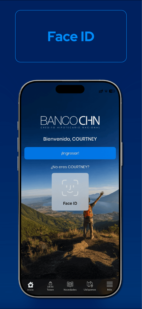 Pantalla de inicio de sesión biométrico Face ID para la aplicación bancaria CHN Movil.