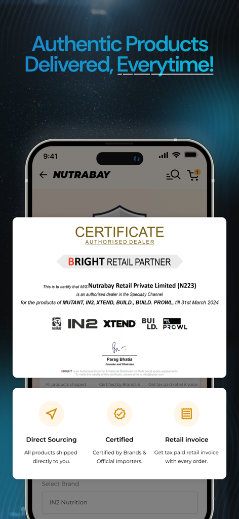 Nutrabay app interface displaying an authorized dealer certificate for authentic supplement brands