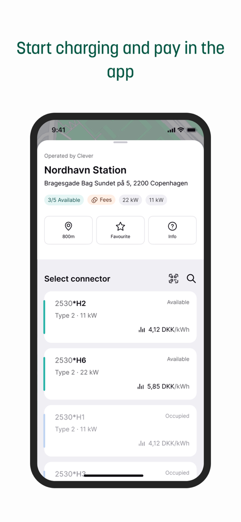 Verdo Opladning mobile app displaying EV charging station details and available connector prices