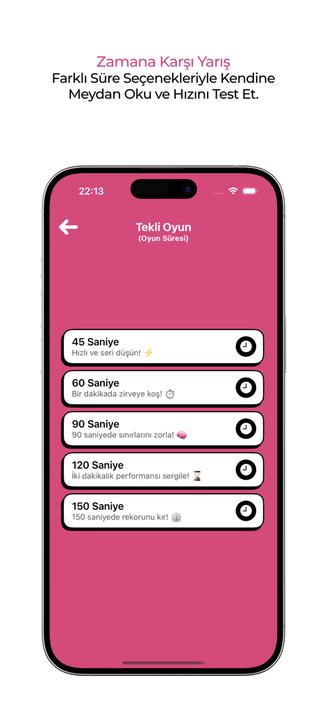Cuspart: Soru Cevap - Cuspart Trivia-Spielbildschirm mit Optionen für die Dauer von Einzelspielerspielen von 45 bis 150 Sekunden