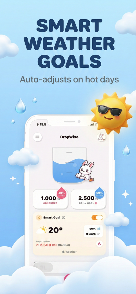 Water Reminder - DropWise - DropWise app interface showing smart weather-based water goals and hydration tracking