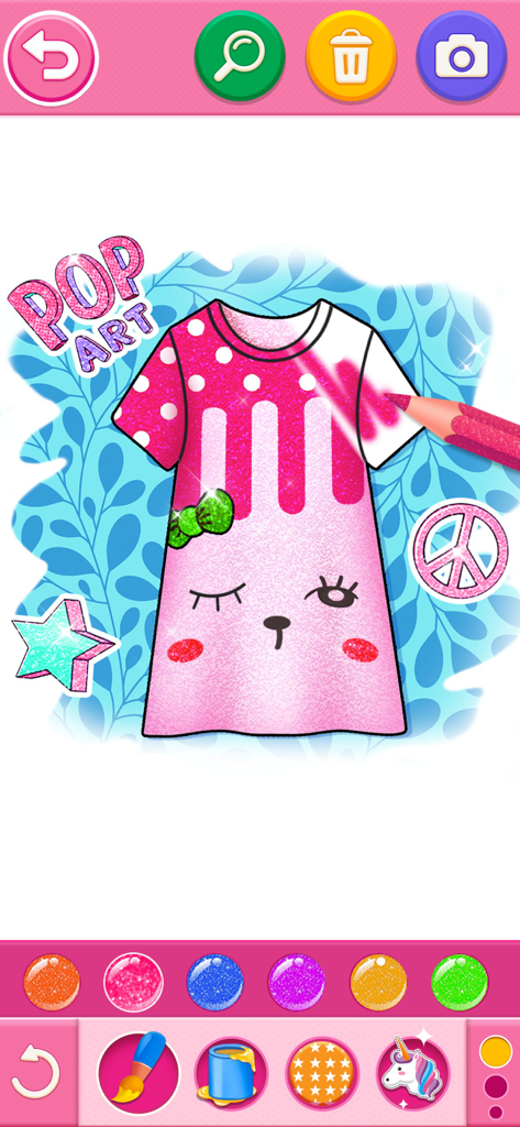A pink glittery dress with a kitty face and pop art stickers being colored in a digital drawing app.
