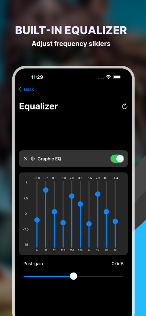 OMP - Offline Media Player - Graphic audio equalizer interface with frequency adjustment sliders in the OMP app