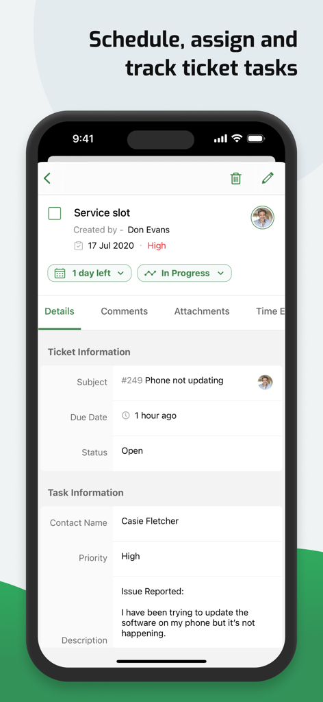Zoho Desk - Pantalla de la aplicación móvil Zoho Desk que muestra detalles de tareas de tickets, programación y seguimiento del progreso.