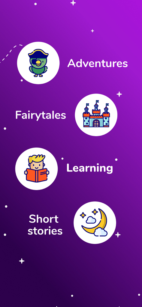 Kidjo Stories & Audio for kids - Kidjo Stories app menu showing adventure, fairytale, learning, and short story categories with colorful icons