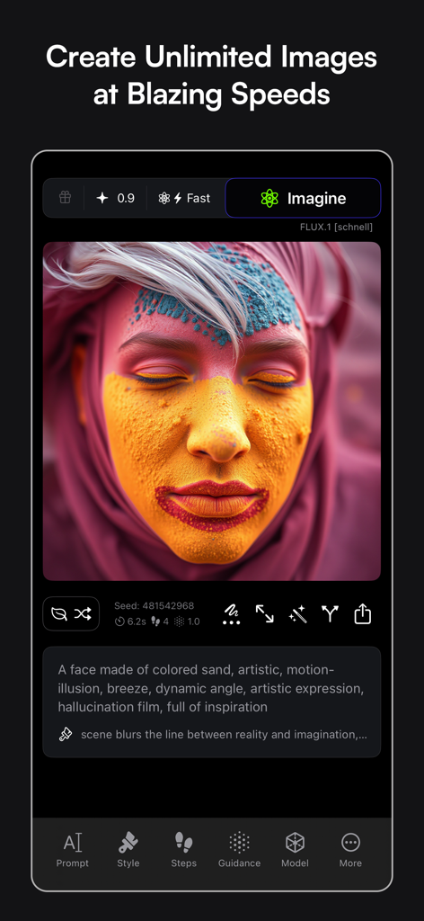 Sogni - AI Art Generator - Sogni AI Art Generator mobile interface showing a high resolution artistic portrait of a face made of colored sand.