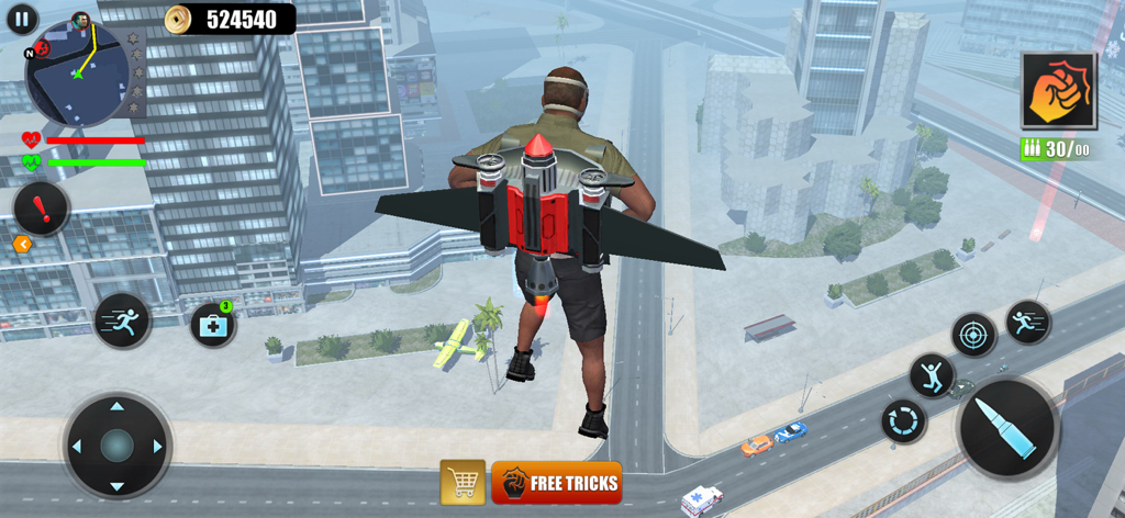 Hero Gangster City Gang Battle - El personaje Cole Jaxon volando con un jetpack rojo y negro sobre una gran ciudad urbana en Hero Gangster City Gang Battle.