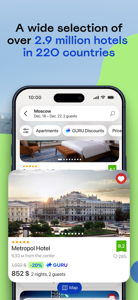 Ostrovok – Book a Hotel - Ostrovok mobile app displaying a wide selection of over 2.9 million hotels globally.