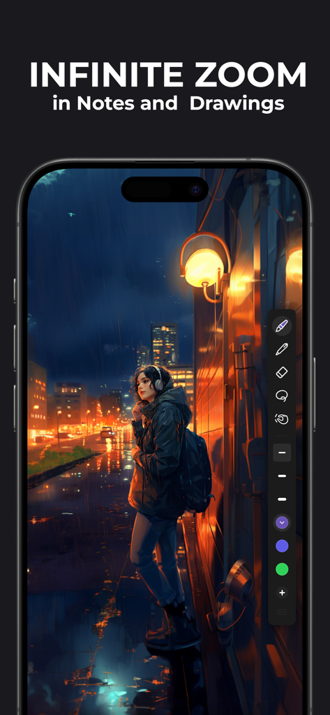Illustration numérique d'une fille dans une ville sur l'interface de l'application Infinite Zoom Art