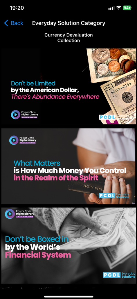 Pastor Chris Digital Library - Interface of the Pastor Chris Digital Library app showing the Currency Devaluation Collection with spiritual messages on financial prosperity and abundance