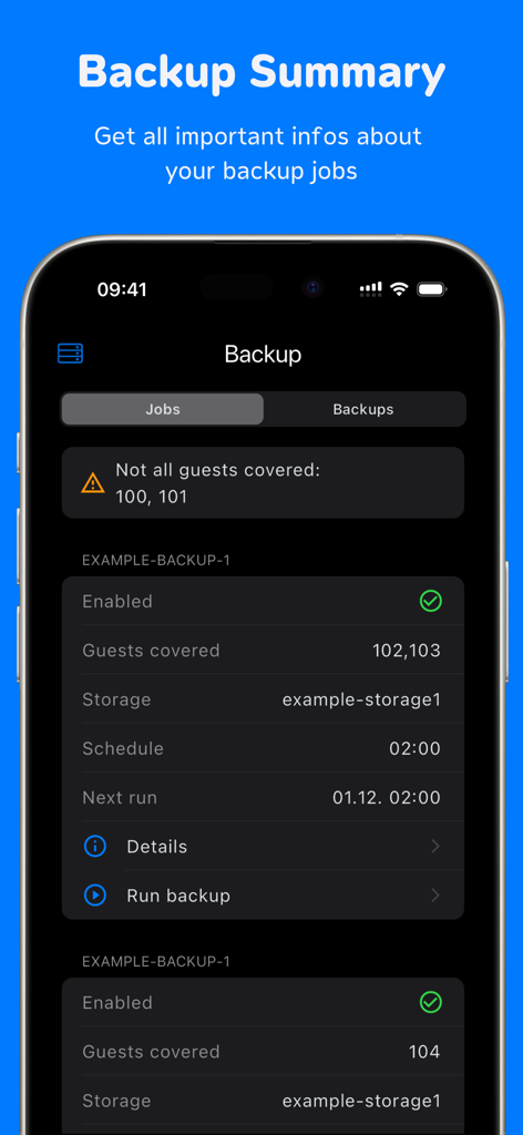 Schermata dell'app ProxMate per iOS che mostra il riepilogo dei backup e i dettagli dei job per i server Proxmox