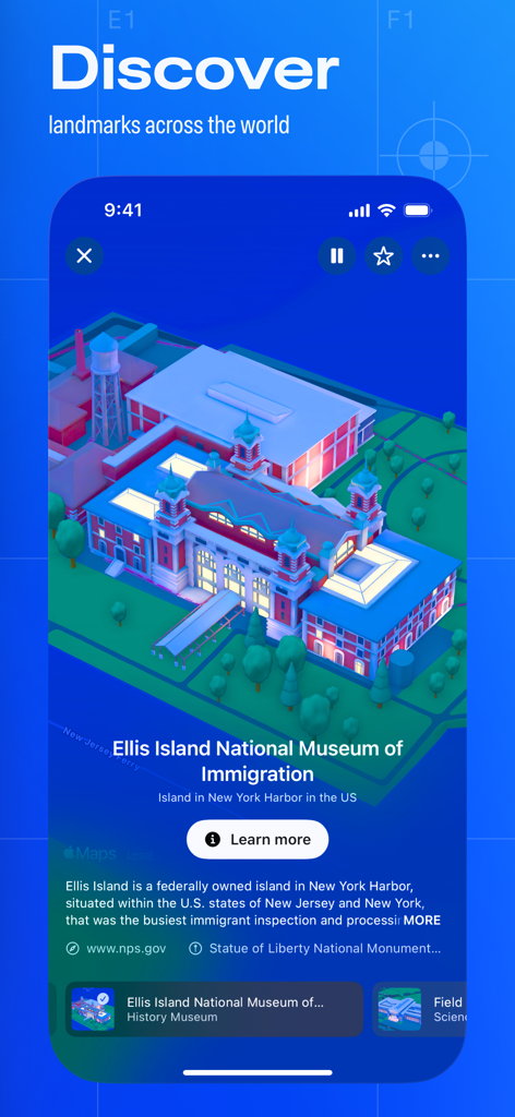 랜드마크 앱의 엘리스 아일랜드 박물관 대화형 3D 모델