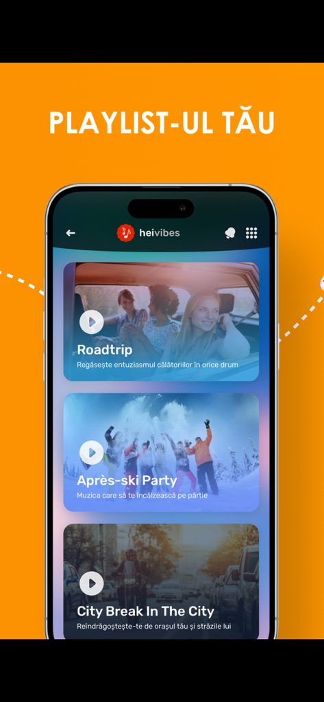 Rompetrol Go app interface showing music playlists for roadtrips and city breaks