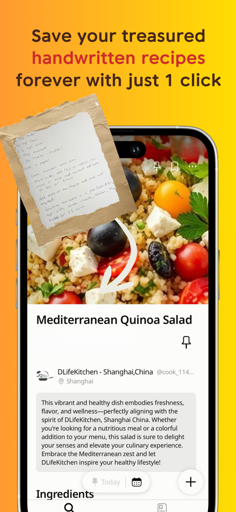 Cookpad Recipes, homemade food - L'écran d'un smartphone affiche l'application Cookpad avec une recette de salade de quinoa méditerranéenne et une invitation à enregistrer des recettes manuscrites.