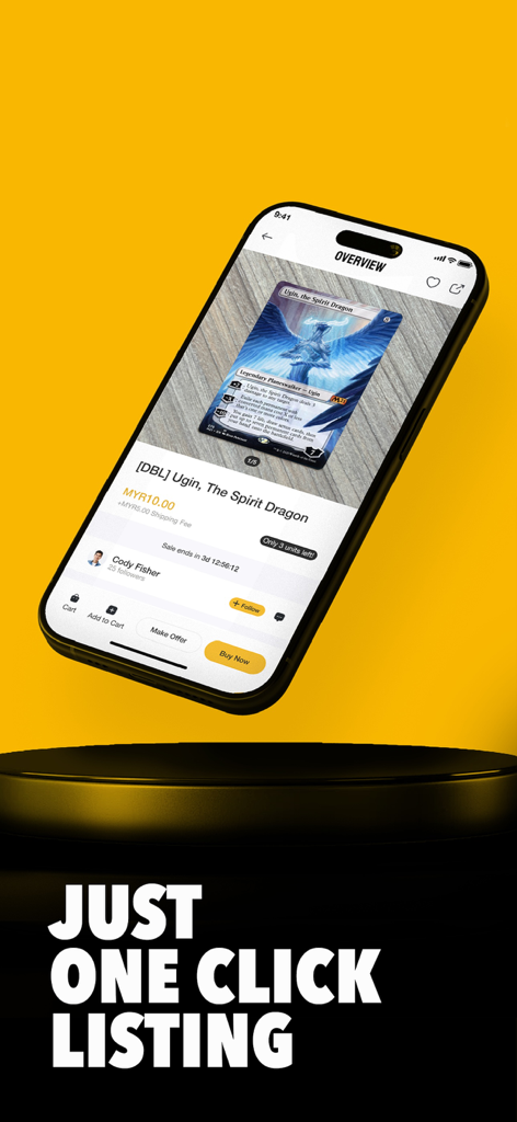 Hoopi - Collectible Platform - Interfaz de la aplicación Hoopi mostrando la lista de una carta coleccionable con opciones de comprar ahora y hacer una oferta