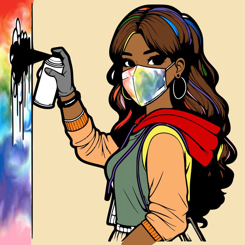 realistic girl with mask spray painting a wall