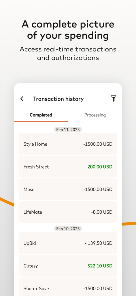 Mastercard In Control Pay - Mastercard In Control Pay app screenshot showing the transaction history screen with a list of completed and processing business expenses
