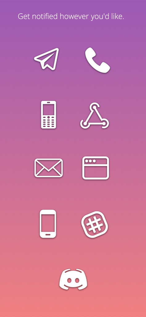 A collection of icons representing different notification methods such as Telegram Discord SMS and phone calls for crypto alerts