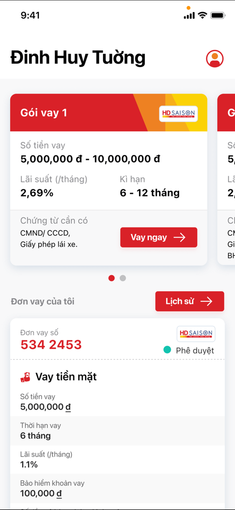 HD Saison - Mobile interface of the HD Saison app displaying available loan packages and a list of current loan applications