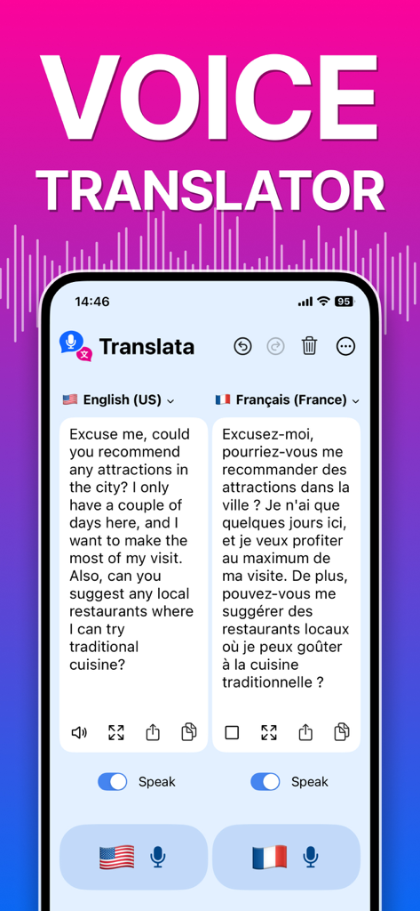 Voice Translator - Translata - Interfaccia dell'app di traduzione vocale Translata che mostra la traduzione dall'inglese al francese per viaggi
