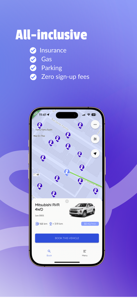 Leo Autopartage - Carshare - Leo carsharing app showing a map of available vehicles in Montreal with all inclusive rental features.
