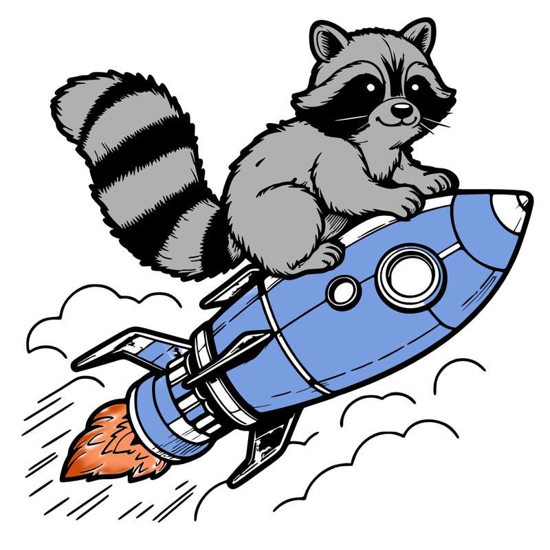 realistic raccoon flying on top rocket ship