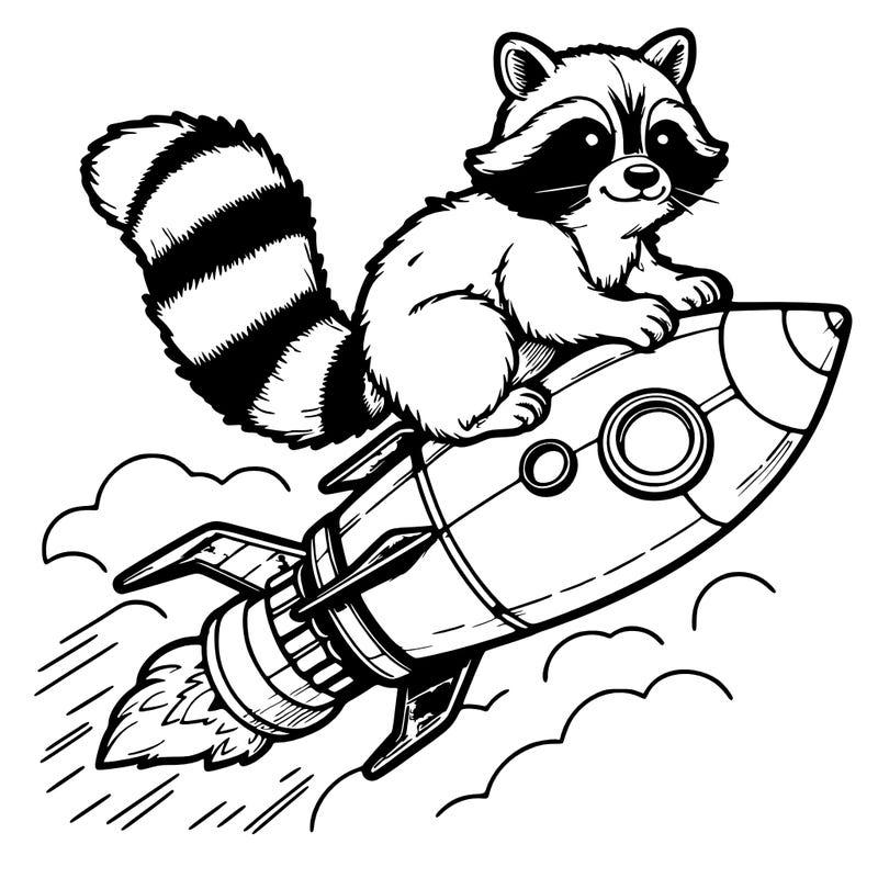 realistic raccoon flying on top rocket ship
