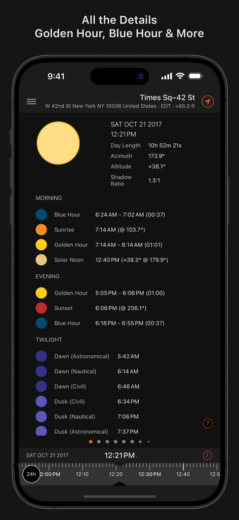 Sun Surveyor app interface displaying detailed morning evening and twilight timings for New York City
