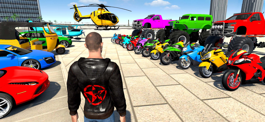 A diverse collection of sports cars, motorcycles, monster trucks, and a helicopter in Gangster Wars Mafia City Game.