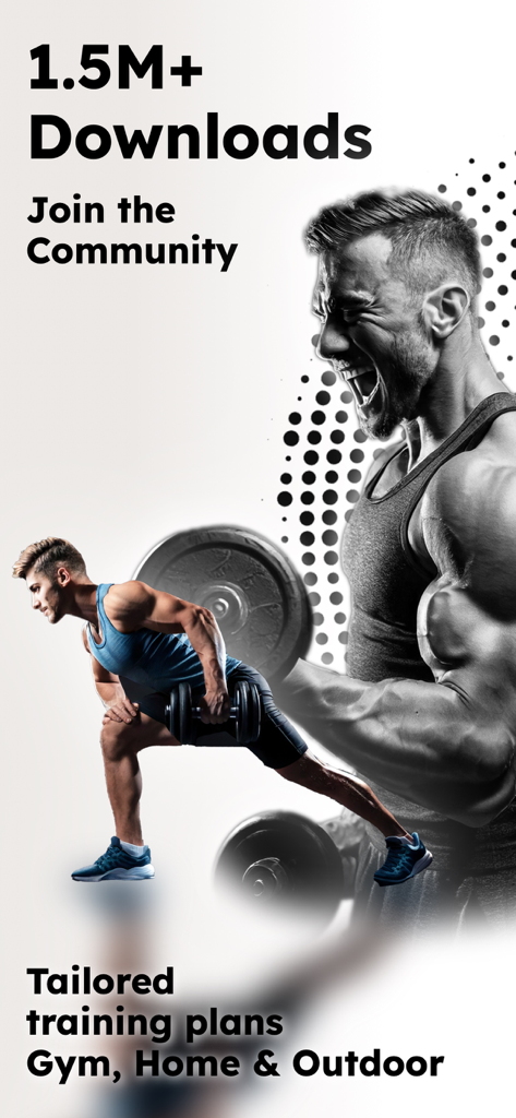 Gym Workout Tracker Planner AI - Imagen promocional de la aplicación Gymnotize que muestra planes de entrenamiento personalizados y 1,5 millones de descargas