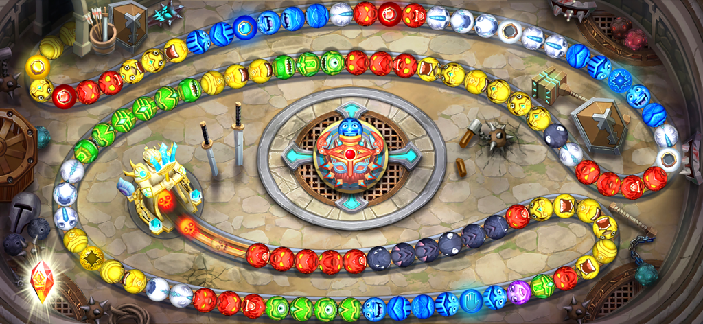 Atlantisor - Marble Blast - Atlantisor Marble Blastのゲームプレイ画面。石造りのアリーナに並ぶカラフルなマーブルの曲がりくねった道が表示されている。