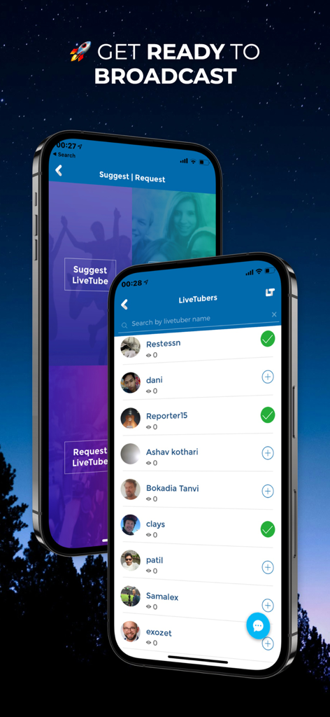 Interface showing a list of LiveTubers and options to suggest or request a broadcast on the LiveTube app