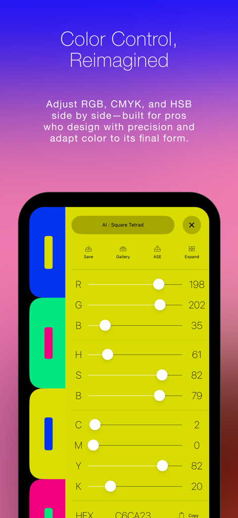 Color Wheel + Osmosi AI - RGB HSBおよびCMYKカラー調整のための精度スライダーを示すColor Wheel + Osmosi AIのインターフェース。
