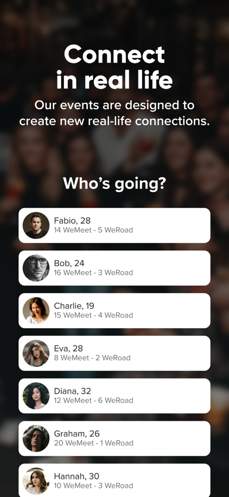 WeMeet by WeRoad - A screen showing a list of people attending a real life event through the WeMeet app