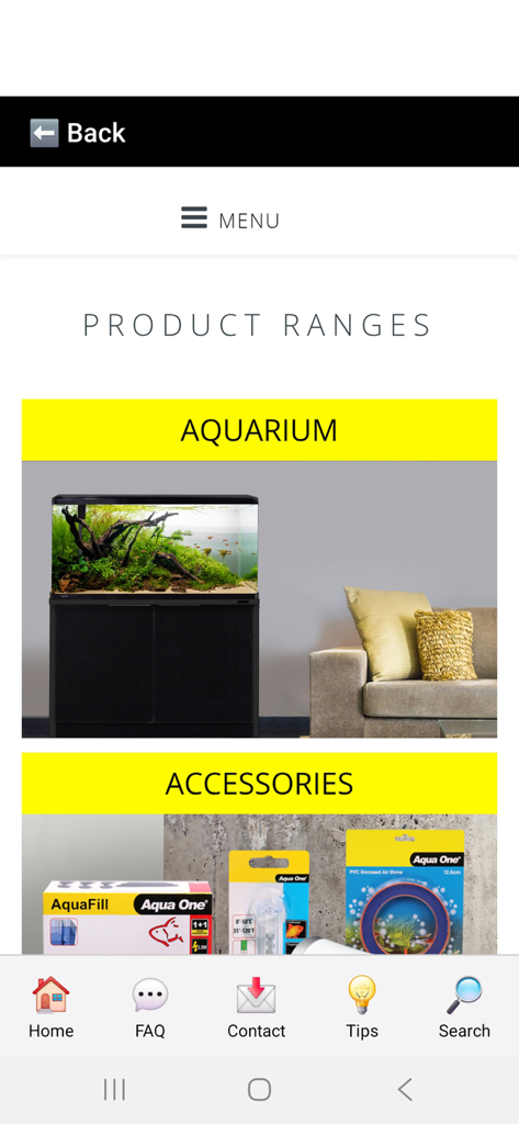 Aqua One - Aqua One mobile app screen showing aquarium and accessories product categories