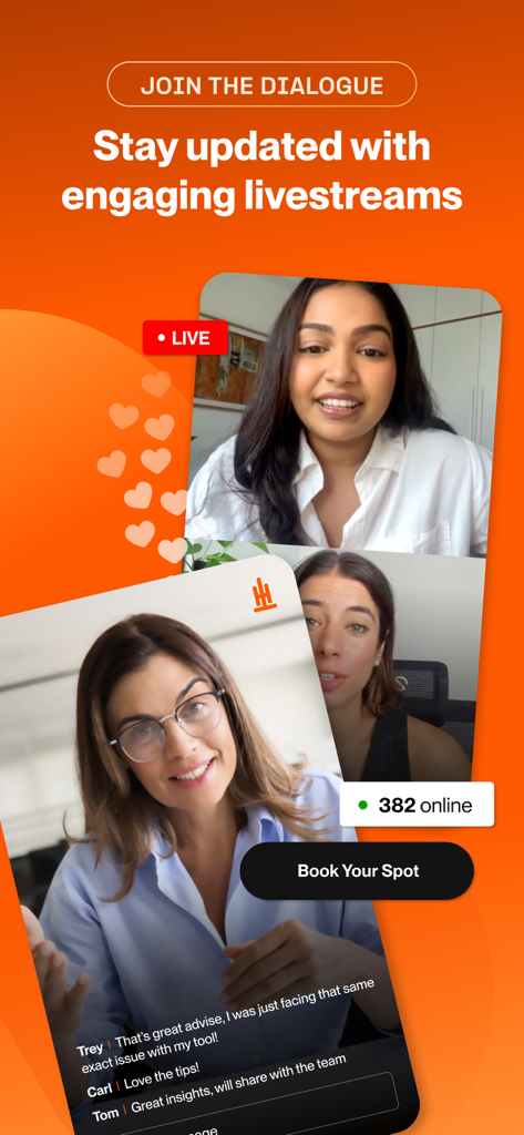 Tigerhall - Tigerhall app interface showing professional livestreams with industry experts and interactive user chat.