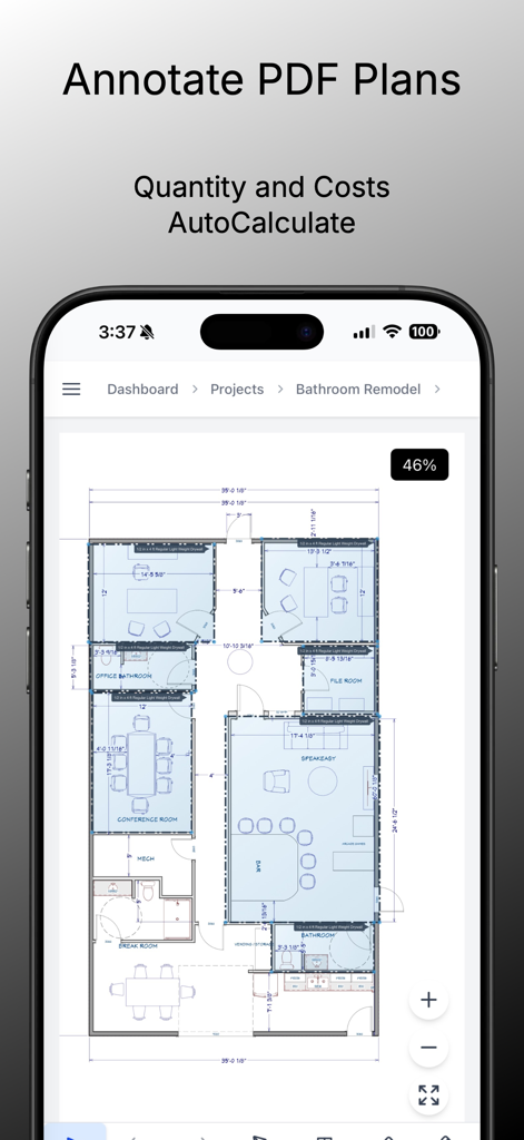 EasyEstimate - Cost Estimation - EasyEstimate app interface showing a floor plan with digital annotations and automatic cost calculations