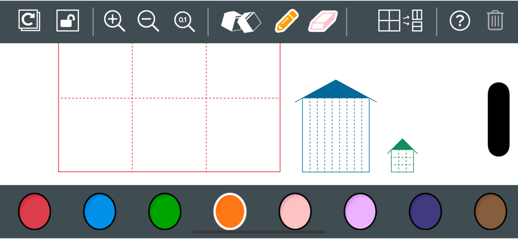 Math-U-See virtual manipulatives app interface featuring house shaped fraction tools and color palette
