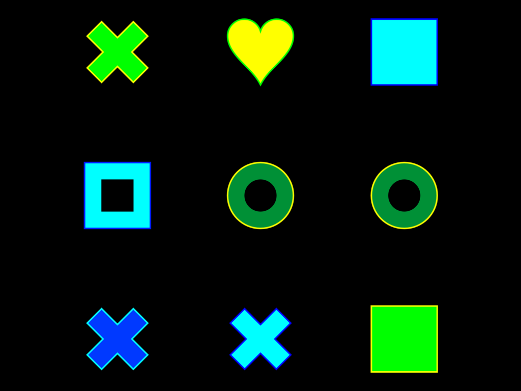 dob plus – Visual Perception - 시각 인지 및 개체 인식을 위한 검은색 배경에 고대비 네온 기하학적 모양 그리드.