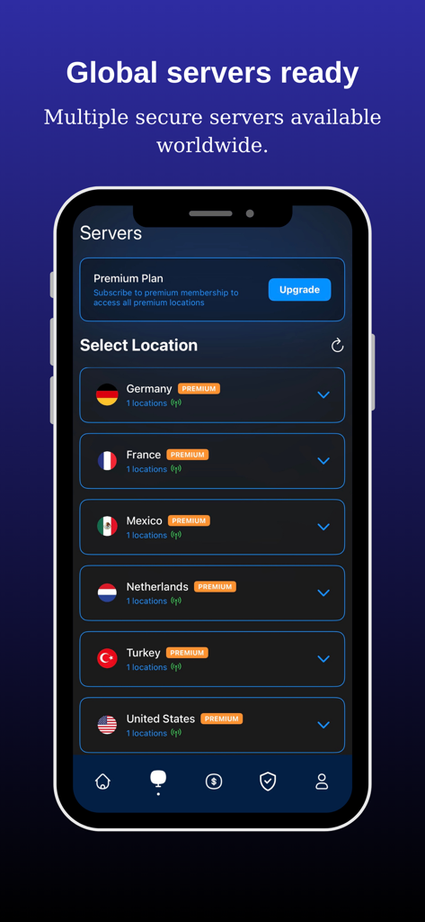 Secybers VPN: Fast & No Logs - Interfaz de la aplicación Secybers VPN que muestra una lista de ubicaciones de servidores globales disponibles como Alemania, Francia y los Estados Unidos.